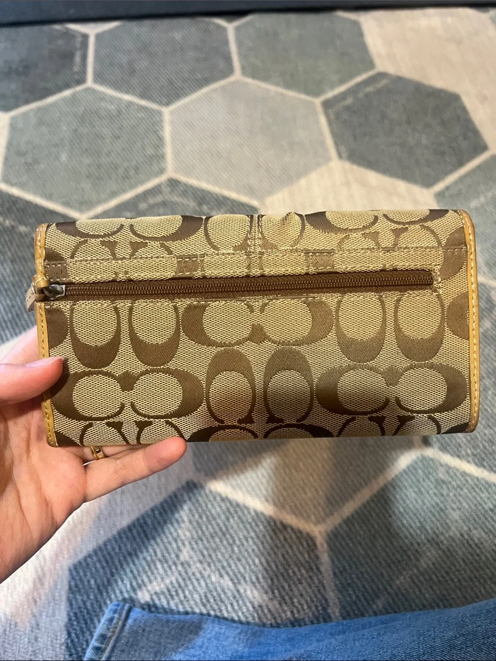 Coach Signature Continental Card Holder Wallet in Khaki and Tan